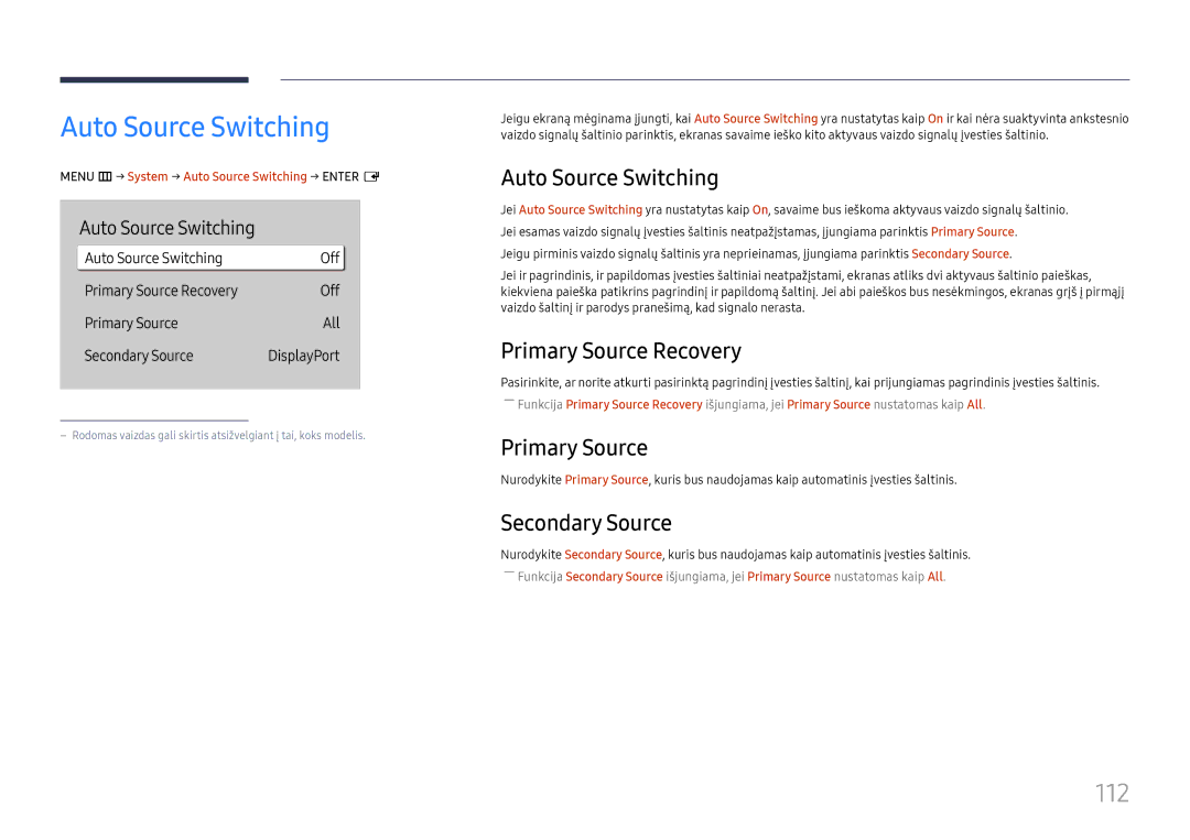 Samsung LH65QBHPLGC/EN, LH75QBHPLGC/EN, LH49DBJPLGC/EN, LH43DBJPLGC/EN, LH65QMHPLGC/EN manual Auto Source Switching, 112 