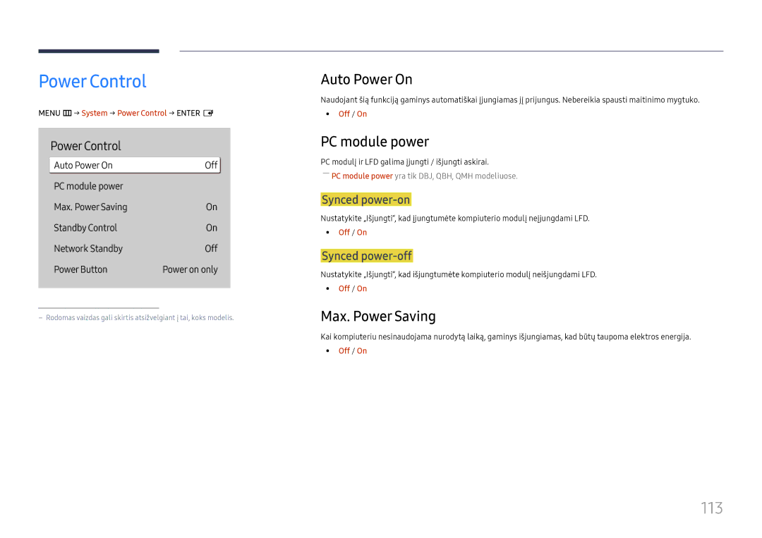 Samsung LH75QBHPLGC/EN, LH65QBHPLGC/EN manual Power Control, 113, Auto Power On, PC module power, Max. Power Saving 