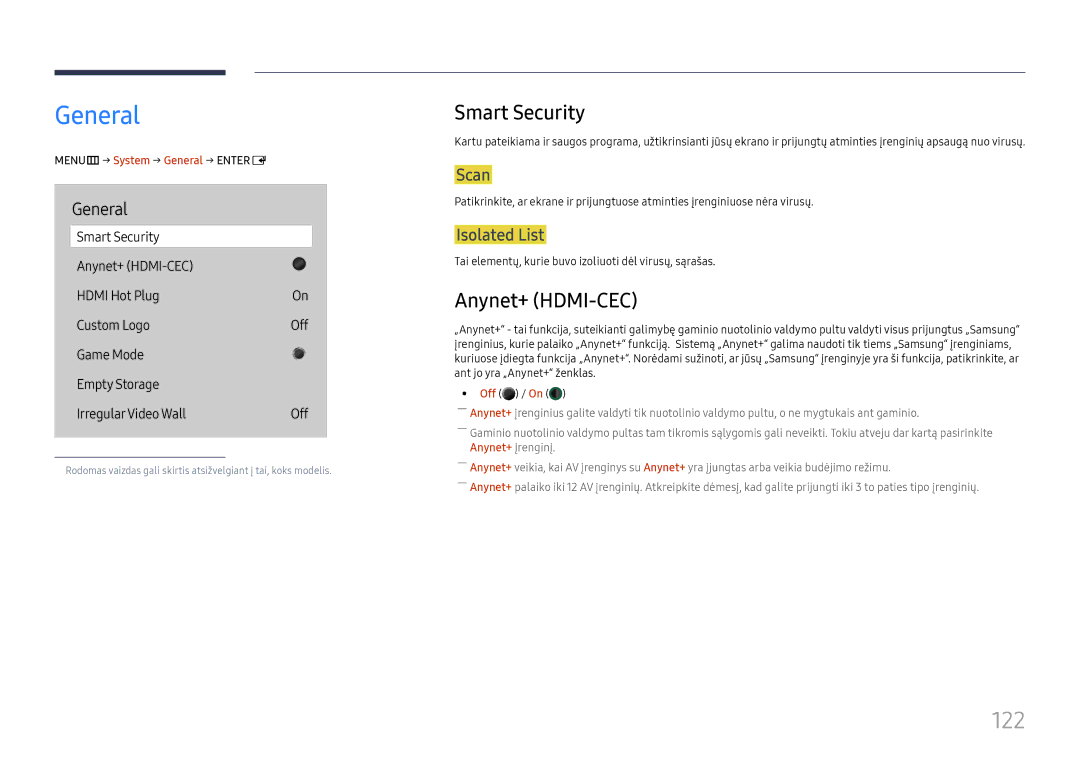 Samsung LH49DBJPLGC/EN, LH65QBHPLGC/EN, LH75QBHPLGC/EN, LH43DBJPLGC/EN manual General, 122, Smart Security, Anynet+ HDMI-CEC 