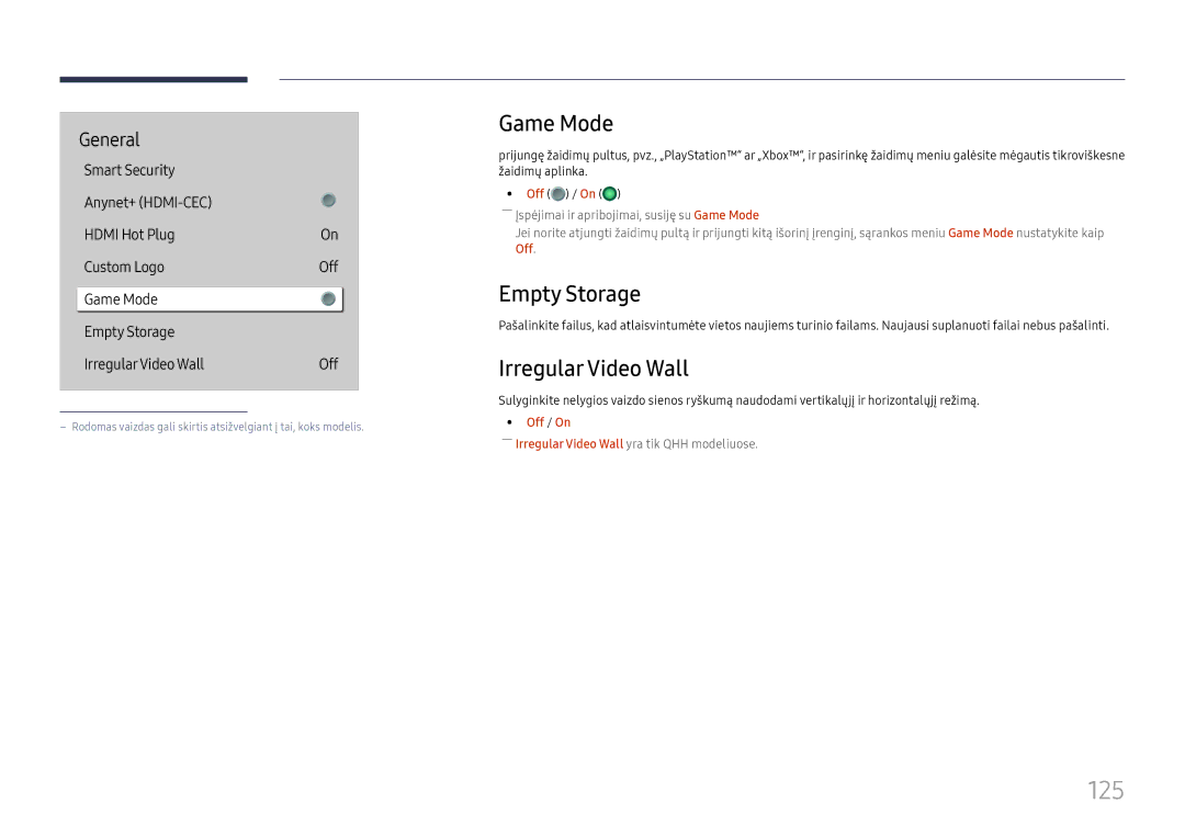 Samsung LH65QHHPLGC/EN, LH65QBHPLGC/EN, LH75QBHPLGC/EN, LH49DBJPLGC/EN 125, Game Mode, Empty Storage, Irregular Video Wall 