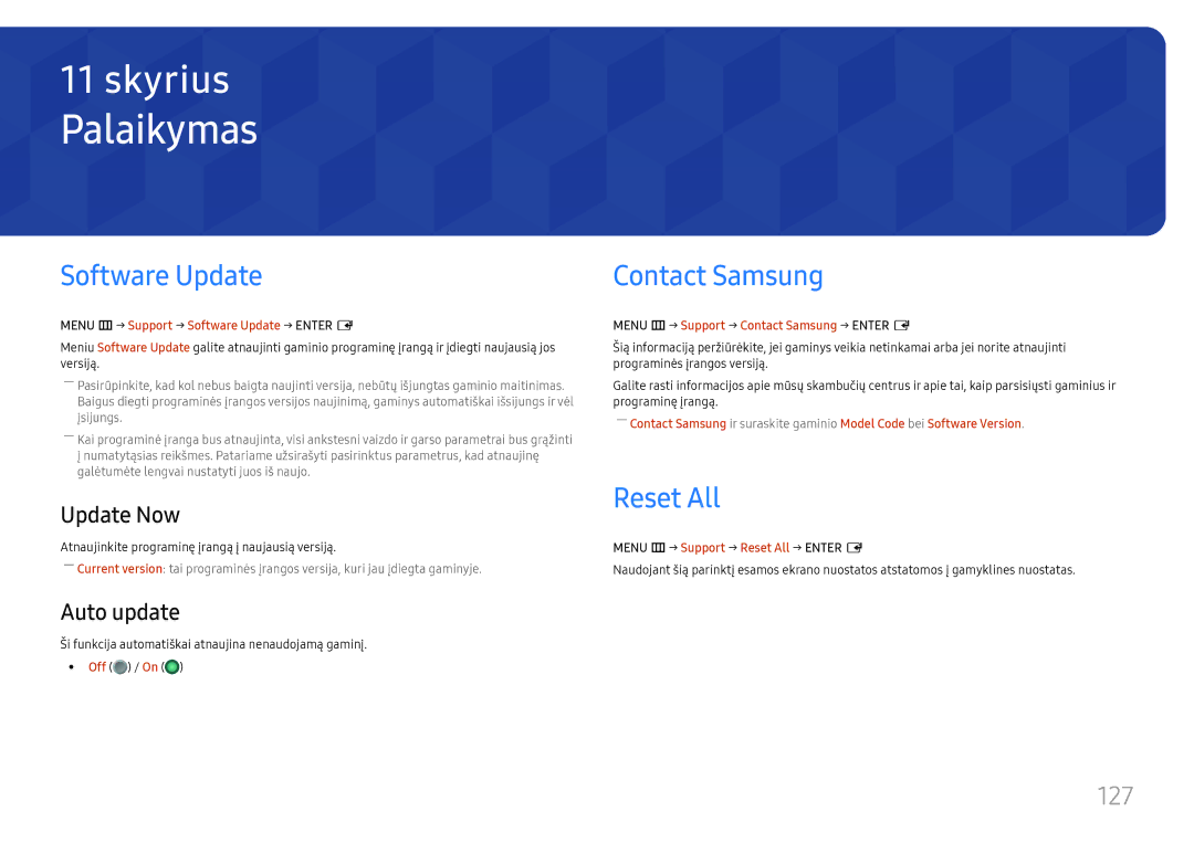 Samsung LH49QMHPLGC/EN, LH65QBHPLGC/EN, LH75QBHPLGC/EN manual Palaikymas, Software Update, Contact Samsung, Reset All, 127 