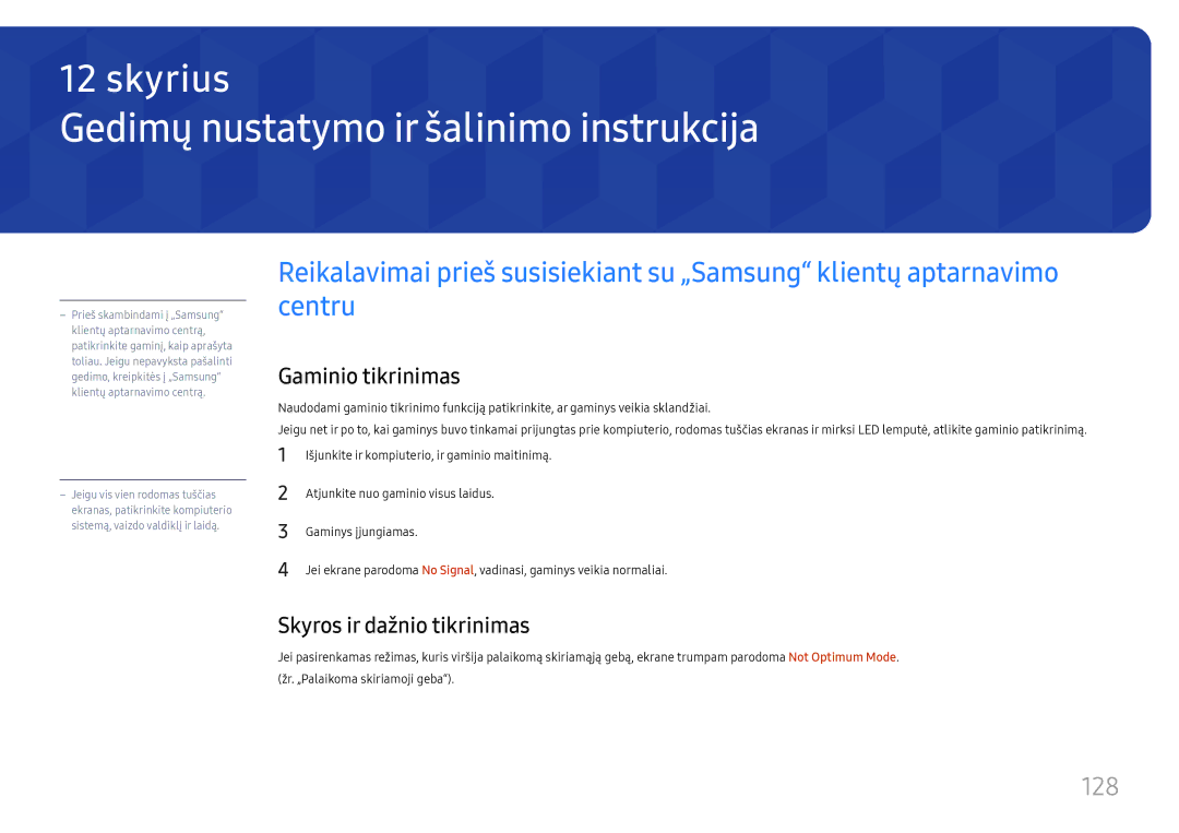 Samsung LH65QBHPLGC/EN Gedimų nustatymo ir šalinimo instrukcija, 128, Gaminio tikrinimas, Skyros ir dažnio tikrinimas 