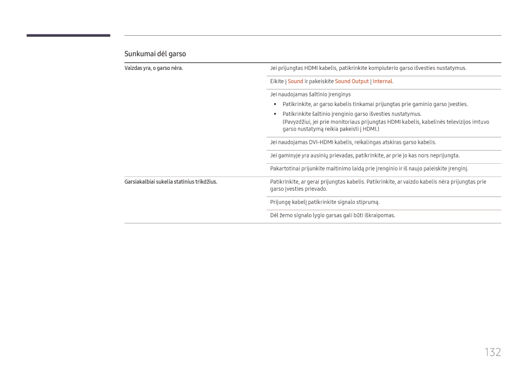 Samsung LH65QMHPLGC/EN manual 132, Vaizdas yra, o garso nėra, Eikite į Sound ir pakeiskite Sound Output į Internal 