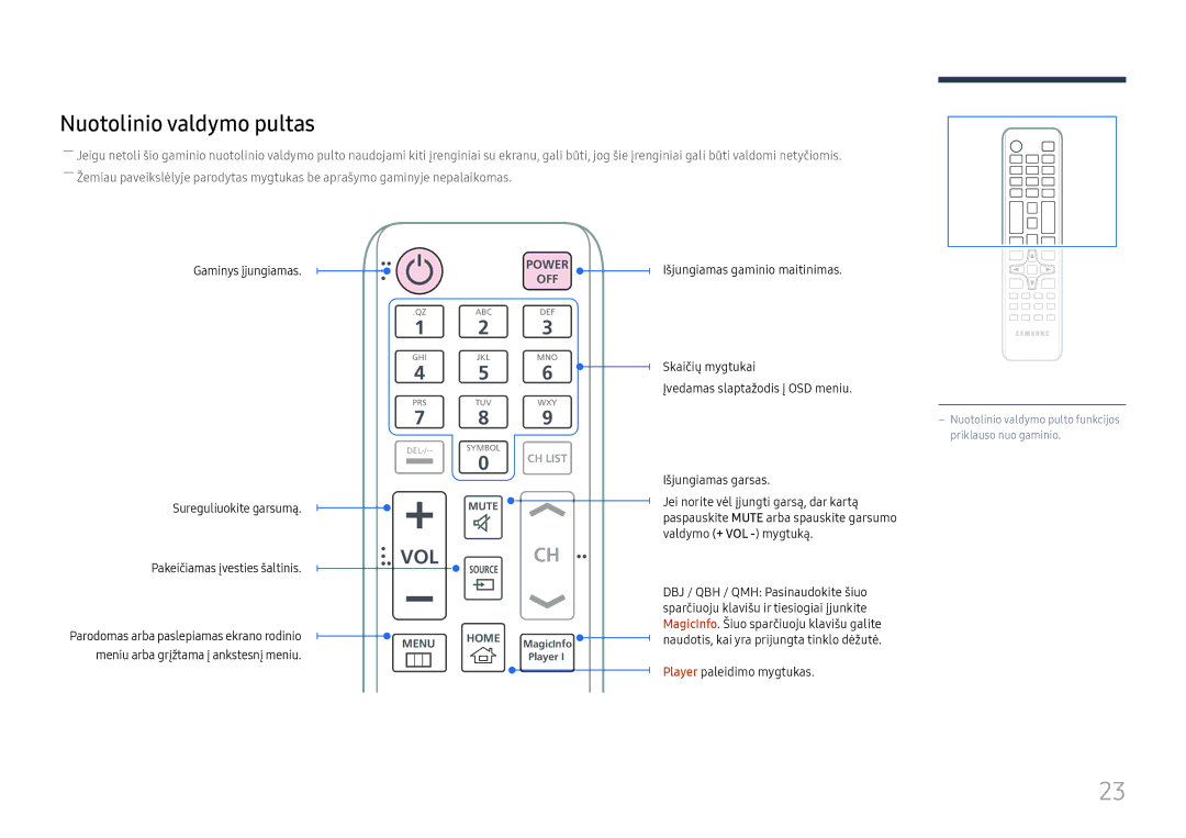 Samsung LH49QMHPLGC/EN Nuotolinio valdymo pultas, Gaminys įjungiamas Sureguliuokite garsumą, Player paleidimo mygtukas 