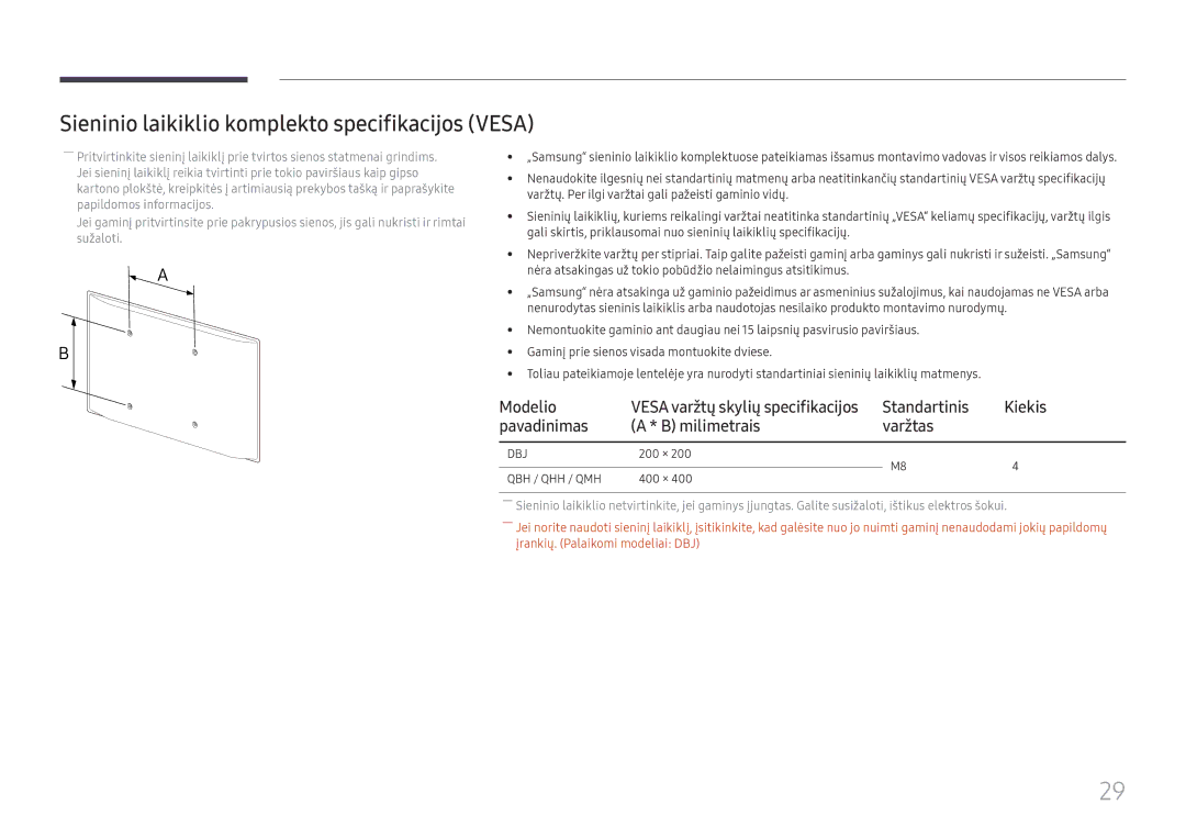 Samsung LH65QHHPLGC/EN, LH65QBHPLGC/EN, LH75QBHPLGC/EN manual Sieninio laikiklio komplekto specifikacijos Vesa, Modelio 