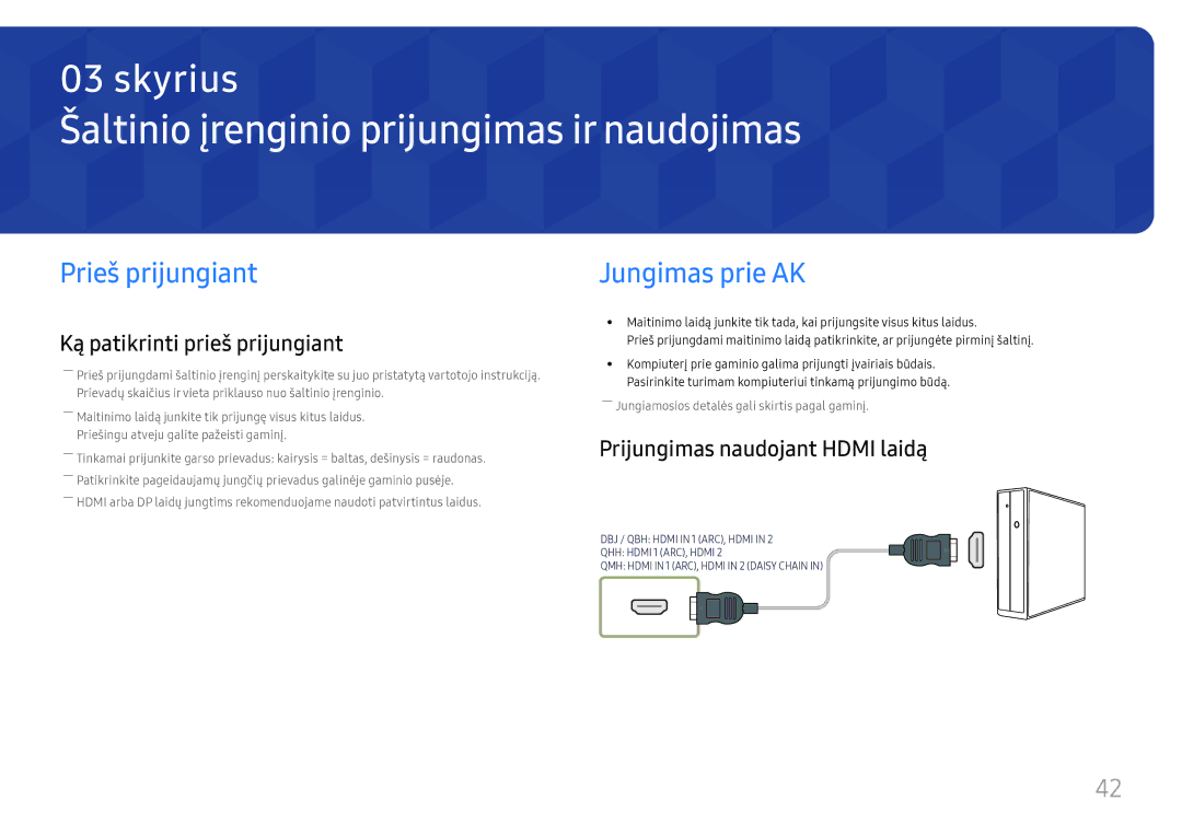 Samsung LH49DBJPLGC/EN, LH65QBHPLGC/EN Šaltinio įrenginio prijungimas ir naudojimas, Prieš prijungiant, Jungimas prie AK 