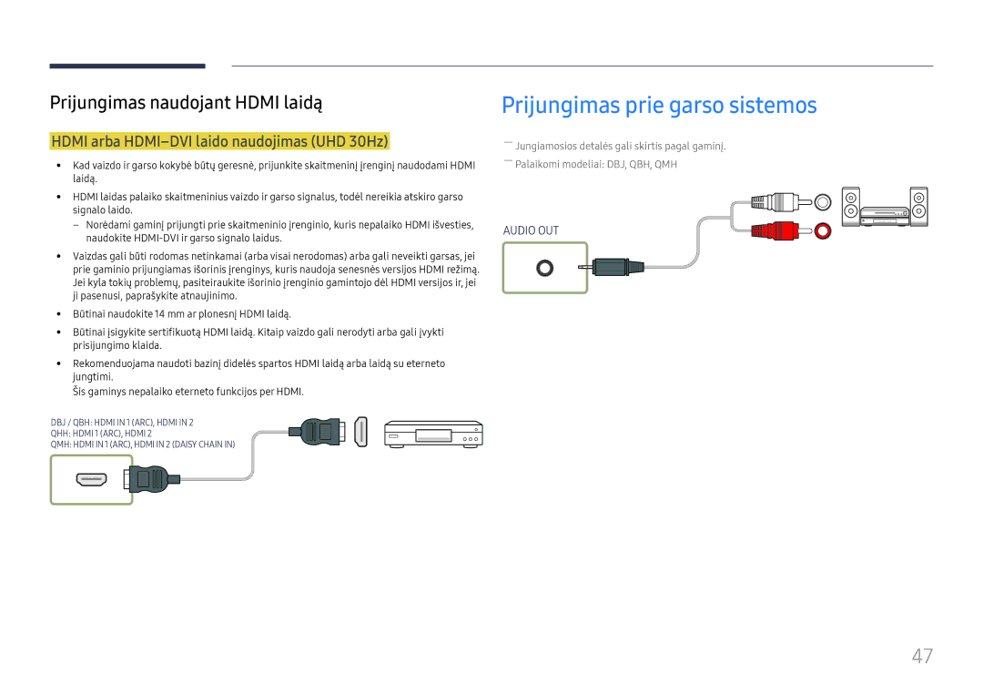 Samsung LH49QMHPLGC/EN, LH65QBHPLGC/EN manual Prijungimas prie garso sistemos, Hdmi arba HDMI-DVI laido naudojimas UHD 30Hz 