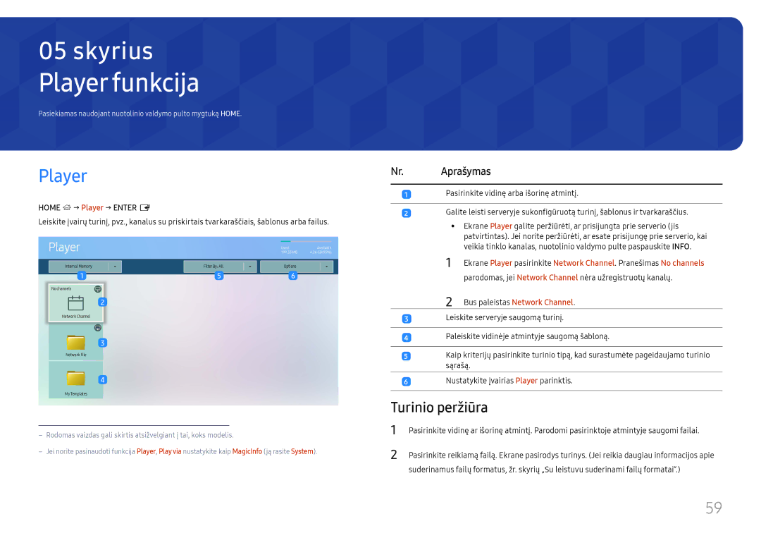 Samsung LH43DBJPLGC/EN, LH65QBHPLGC/EN manual Player funkcija, Turinio peržiūra, Nr. Aprašymas, Home → Player → Enter E 