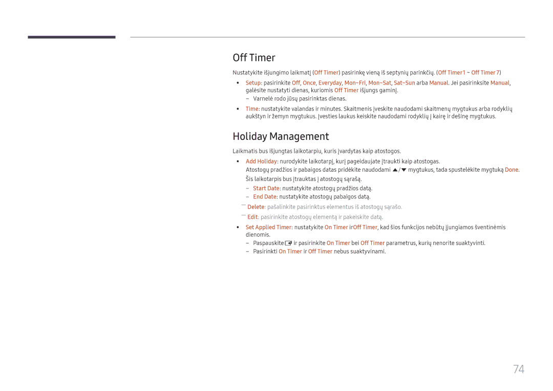 Samsung LH49DBJPLGC/EN, LH65QBHPLGC/EN, LH75QBHPLGC/EN, LH43DBJPLGC/EN, LH65QMHPLGC/EN manual Off Timer, Holiday Management 