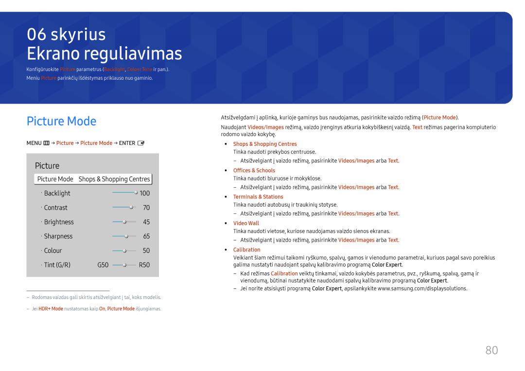 Samsung LH65QBHPLGC/EN, LH75QBHPLGC/EN, LH49DBJPLGC/EN Ekrano reguliavimas, Menu m→ Picture → Picture Mode → Enter E 