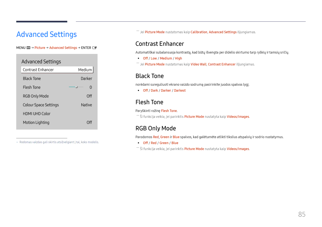 Samsung LH65QHHPLGC/EN, LH65QBHPLGC/EN manual Advanced Settings, Contrast Enhancer, Black Tone, Flesh Tone, RGB Only Mode 