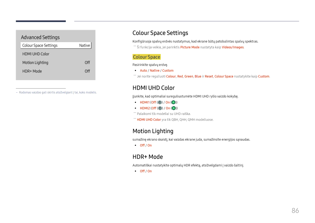 Samsung LH55QMHPLGC/EN, LH65QBHPLGC/EN, LH75QBHPLGC/EN Colour Space Settings, Hdmi UHD Color, Motion Lighting, HDR+ Mode 