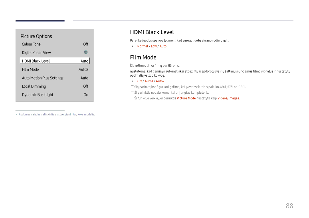 Samsung LH65QBHPLGC/EN, LH75QBHPLGC/EN manual Hdmi Black Level, Film Mode, Normal / Low / Auto, Off / Auto1 / Auto2 