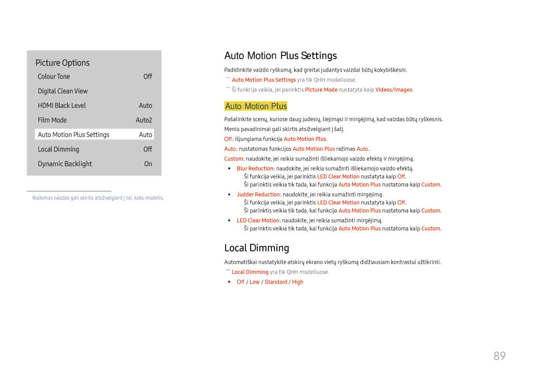 Samsung LH75QBHPLGC/EN, LH65QBHPLGC/EN manual Auto Motion Plus Settings, Local Dimming, Off / Low / Standard / High 