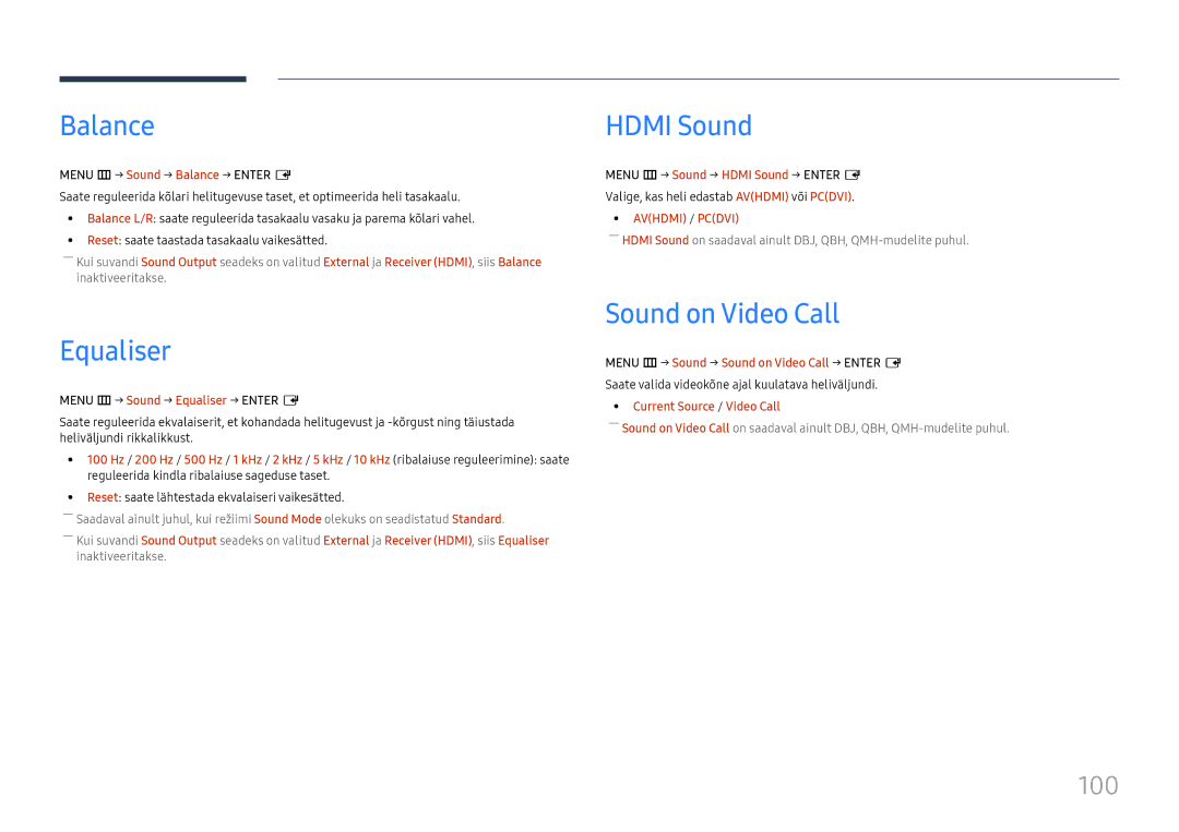 Samsung LH65QMHPLGC/EN, LH65QBHPLGC/EN, LH75QBHPLGC/EN manual Balance, Equaliser, Hdmi Sound, Sound on Video Call, 100 