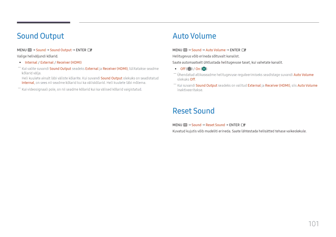 Samsung LH65QHHPLGC/EN, LH65QBHPLGC/EN, LH75QBHPLGC/EN, LH49DBJPLGC/EN manual Sound Output, Auto Volume, Reset Sound, 101 