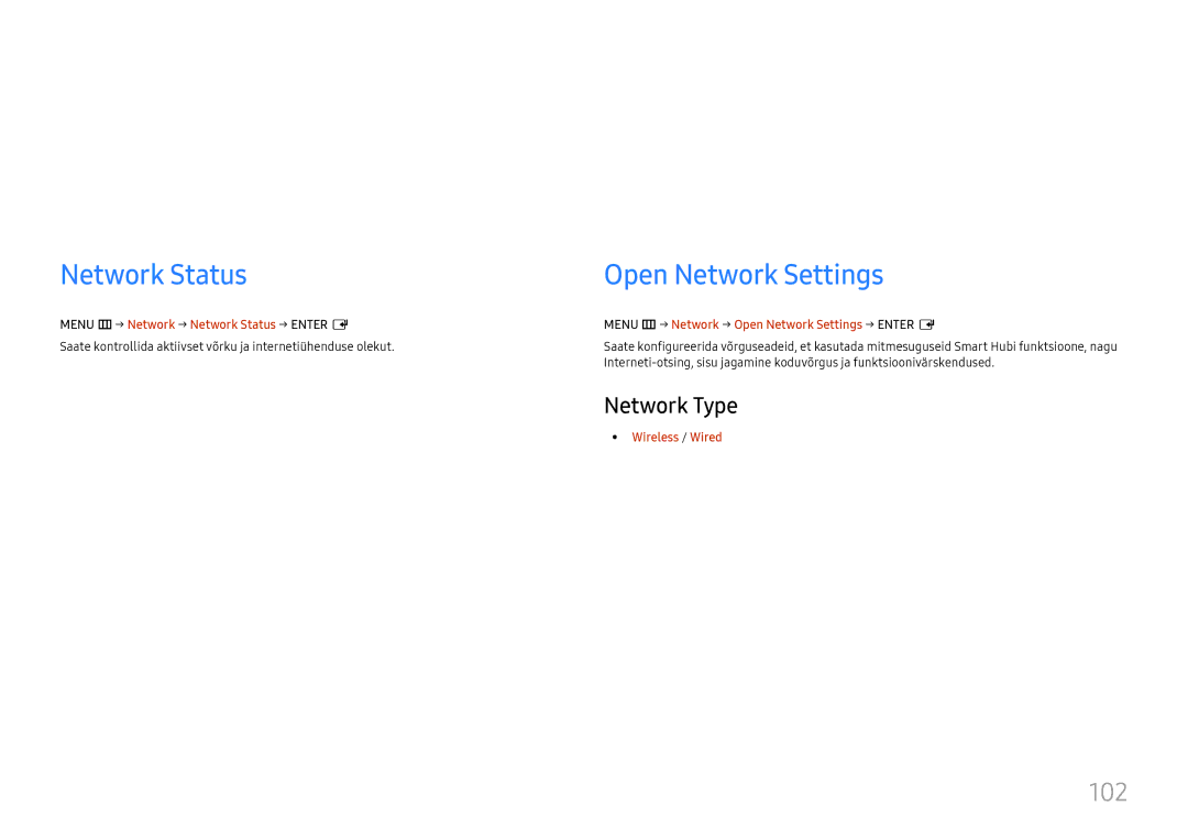 Samsung LH55QMHPLGC/EN, LH65QBHPLGC/EN, LH75QBHPLGC/EN, LH49DBJPLGC/EN manual Open Network Settings, 102, Network Type 