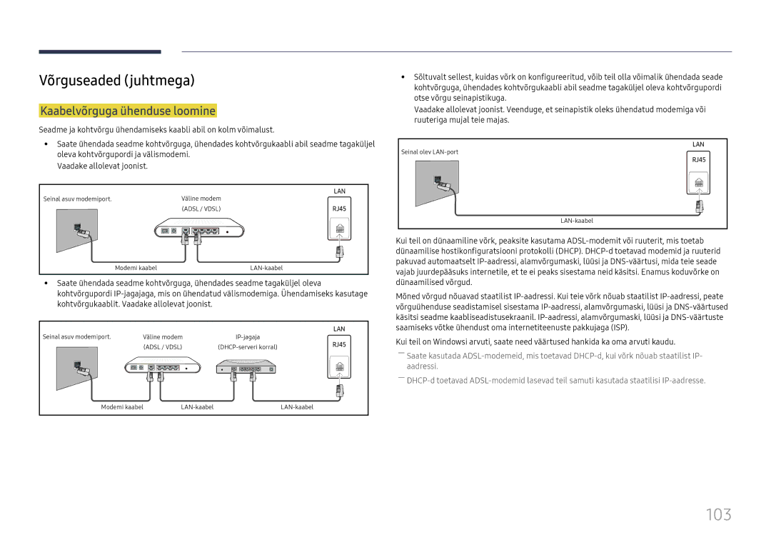 Samsung LH49QMHPLGC/EN, LH65QBHPLGC/EN, LH75QBHPLGC/EN manual 103, Võrguseaded juhtmega, Kaabelvõrguga ühenduse loomine 