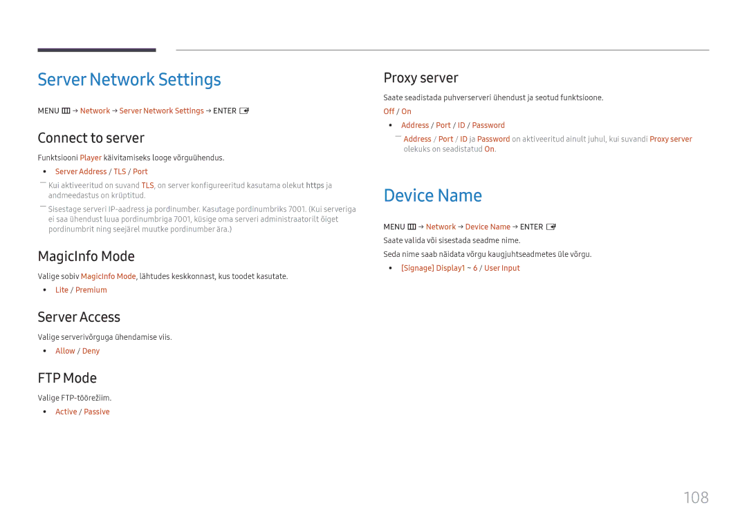 Samsung LH65QMHPLGC/EN, LH65QBHPLGC/EN, LH75QBHPLGC/EN, LH49DBJPLGC/EN manual Server Network Settings, Device Name, 108 