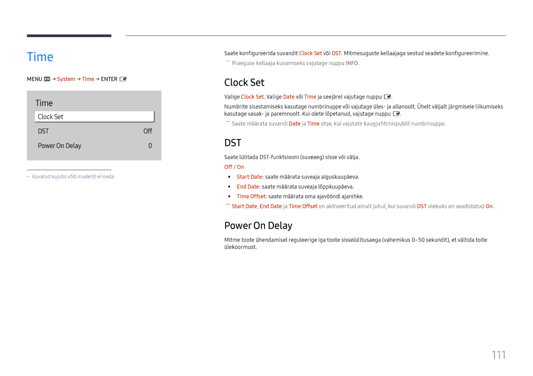 Samsung LH49QMHPLGC/EN, LH65QBHPLGC/EN, LH75QBHPLGC/EN, LH49DBJPLGC/EN, LH43DBJPLGC/EN Time, 111, Clock Set, Power On Delay 