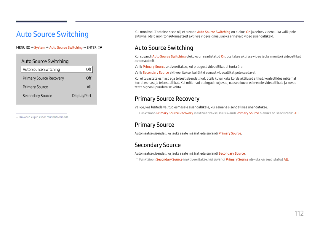 Samsung LH65QBHPLGC/EN, LH75QBHPLGC/EN, LH49DBJPLGC/EN, LH43DBJPLGC/EN, LH65QMHPLGC/EN manual Auto Source Switching, 112 