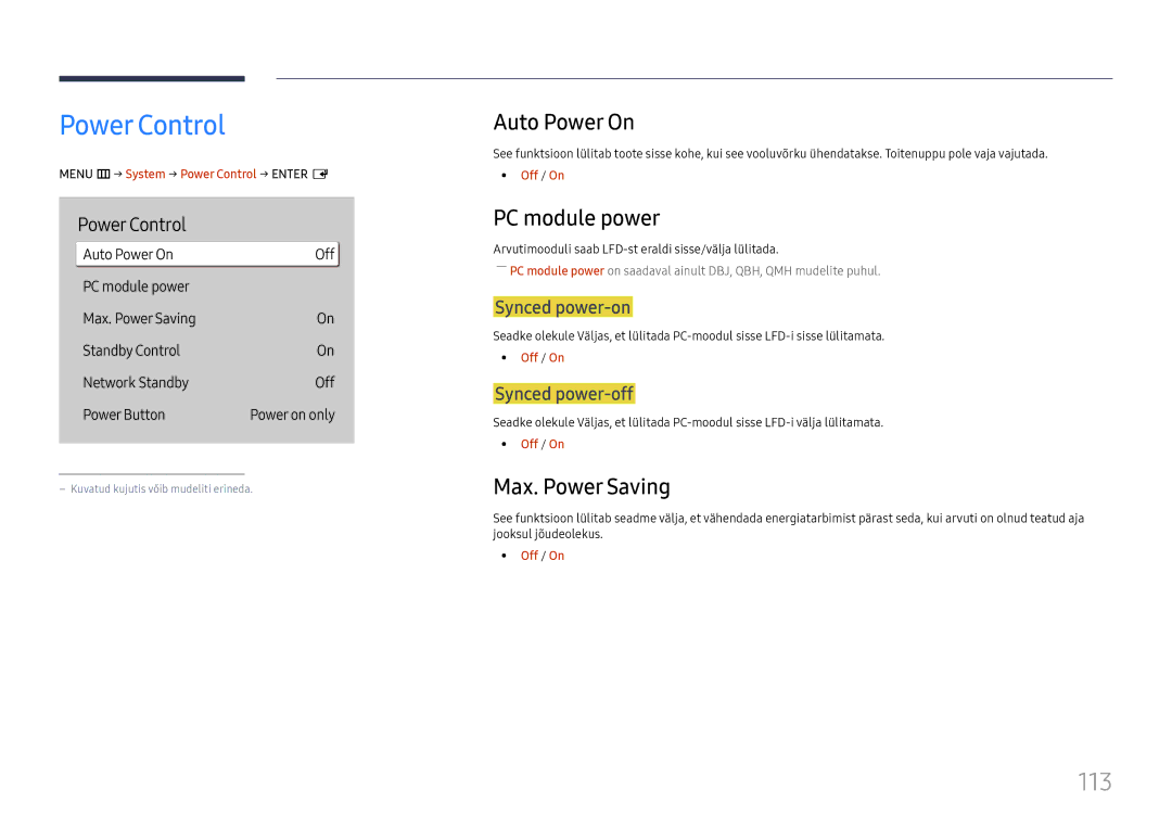Samsung LH75QBHPLGC/EN, LH65QBHPLGC/EN manual Power Control, 113, Auto Power On, PC module power, Max. Power Saving 