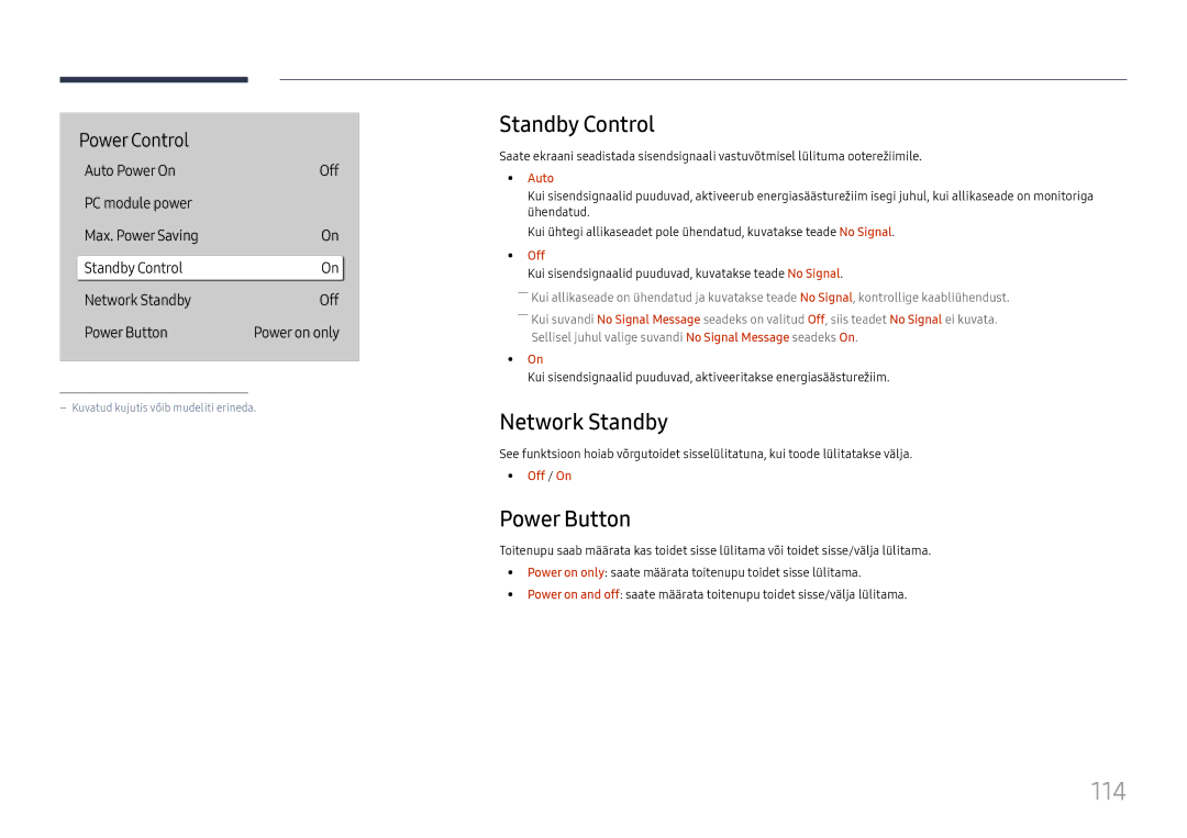 Samsung LH49DBJPLGC/EN, LH65QBHPLGC/EN, LH75QBHPLGC/EN manual 114, Standby Control, Network Standby, Power Button, Auto 