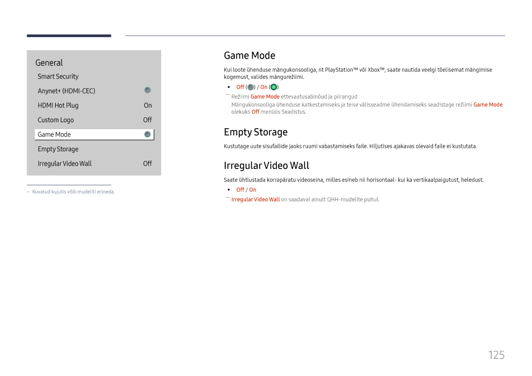 Samsung LH65QHHPLGC/EN, LH65QBHPLGC/EN 125, Game Mode, Empty Storage, Irregular Video Wall, Kogemust, valides mängurežiimi 