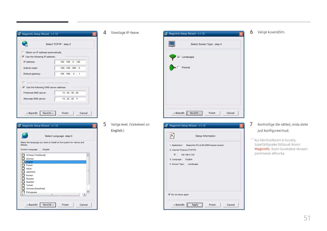 Samsung LH43DBJPLGC/EN manual Sisestage IP-teave Valige keel. Vaikekeel on English, Valige kuvarežiim, Just konfigureerinud 