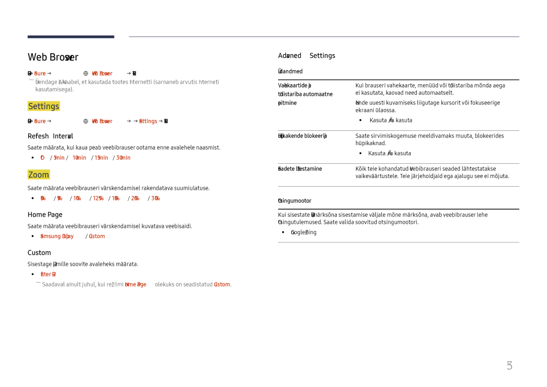 Samsung LH65QHHPLGC/EN, LH65QBHPLGC/EN, LH75QBHPLGC/EN, LH49DBJPLGC/EN, LH43DBJPLGC/EN manual Web Browser, Settings, Zoom 