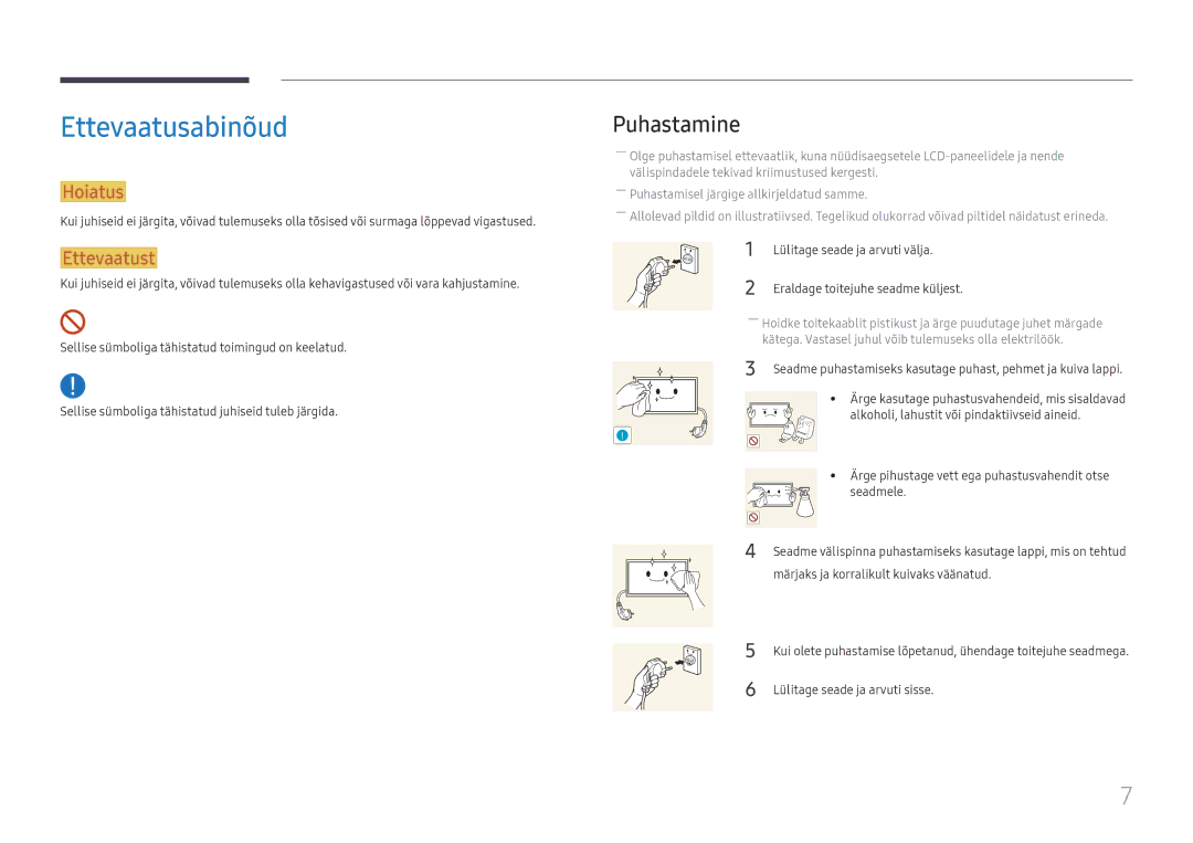 Samsung LH49QMHPLGC/EN, LH65QBHPLGC/EN, LH75QBHPLGC/EN manual Ettevaatusabinõud, Puhastamine, Lülitage seade ja arvuti välja 