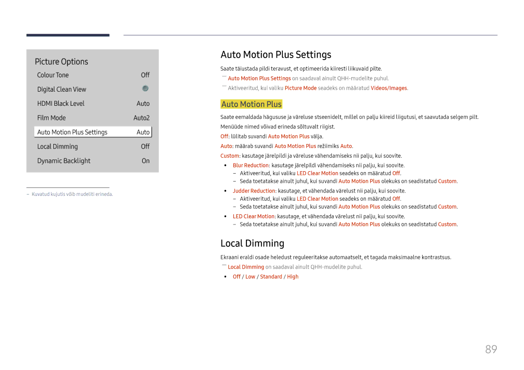 Samsung LH75QBHPLGC/EN, LH65QBHPLGC/EN manual Auto Motion Plus Settings, Local Dimming, Off / Low / Standard / High 