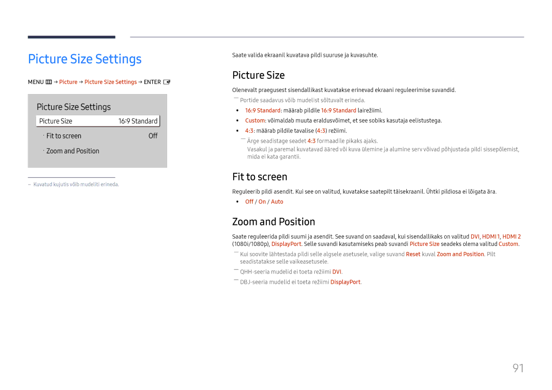 Samsung LH43DBJPLGC/EN, LH65QBHPLGC/EN, LH75QBHPLGC/EN manual Picture Size Settings, Fit to screen, Zoom and Position 