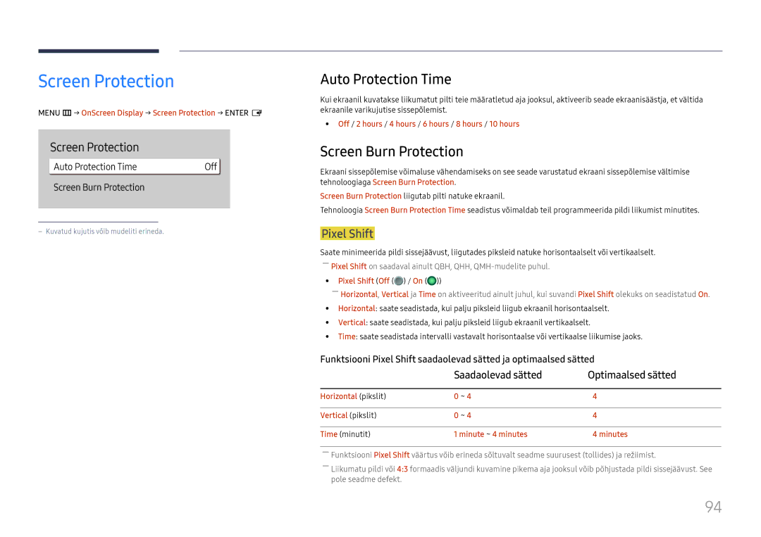 Samsung LH55QMHPLGC/EN, LH65QBHPLGC/EN manual Screen Protection, Auto Protection Time, Screen Burn Protection, Pixel Shift 