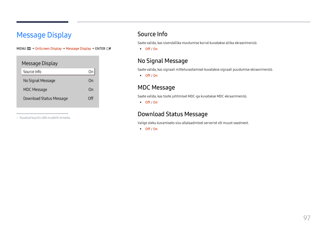 Samsung LH75QBHPLGC/EN manual Message Display, Source Info, No Signal Message, MDC Message, Download Status Message 