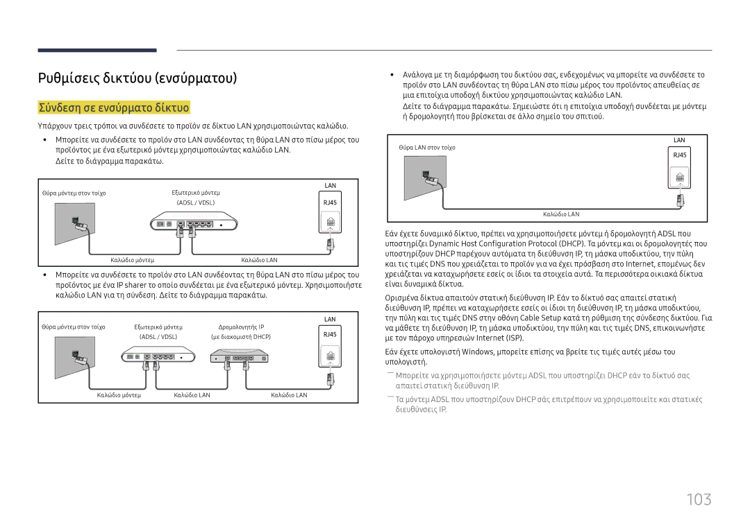 Samsung LH55QMHPLGC/EN, LH65QBHPLGC/EN, LH75QBHPLGC/EN, LH65QMHPLGC/EN, LH49QMHPLGC/EN manual 103, Σύνδεση σε ενσύρματο δίκτυο 