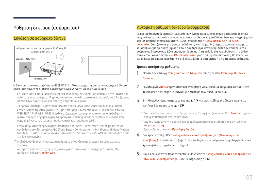 Samsung LH65QBHPLGC/EN 105, Ρύθμιση δικτύου ασύρματου, Σύνδεση σε ασύρματο δίκτυο, Αυτόματη ρύθμιση δικτύου ασύρματου 