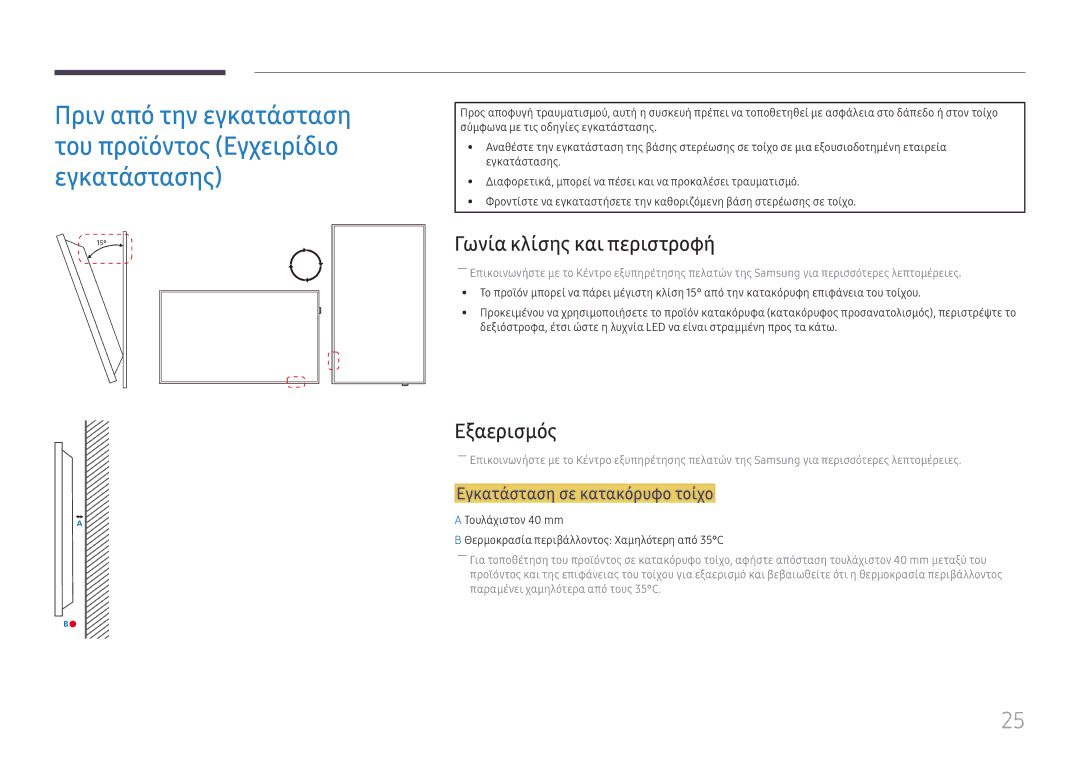 Samsung LH65QBHPLGC/EN, LH75QBHPLGC/EN manual Γωνία κλίσης και περιστροφή, Εξαερισμός, Εγκατάσταση σε κατακόρυφο τοίχο 