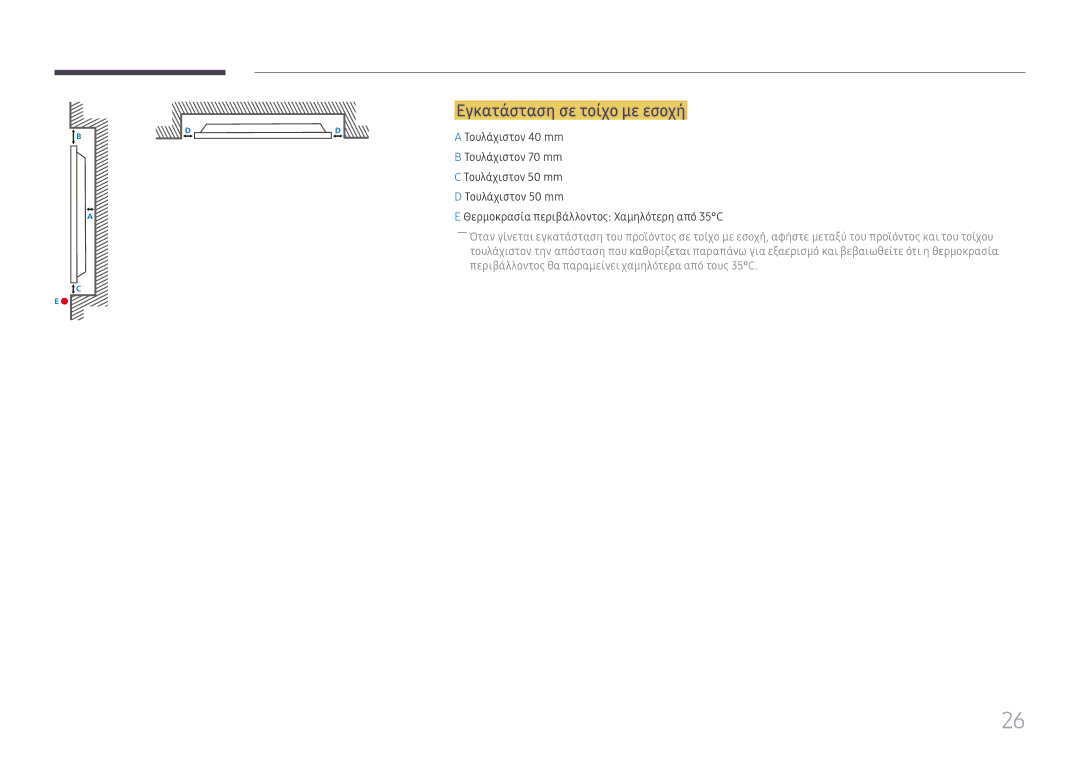 Samsung LH75QBHPLGC/EN, LH65QBHPLGC/EN, LH65QMHPLGC/EN, LH55QMHPLGC/EN, LH49QMHPLGC/EN manual Εγκατάσταση σε τοίχο με εσοχή 