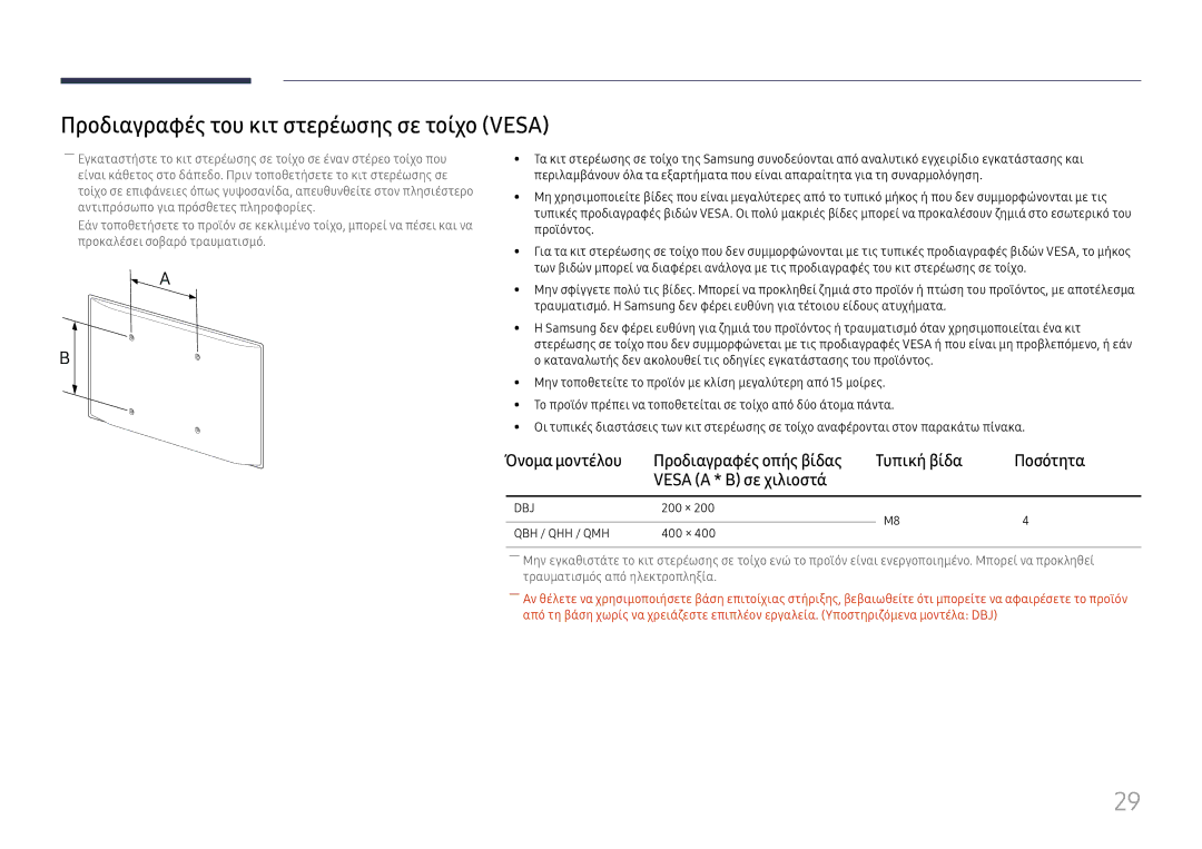 Samsung LH49QMHPLGC/EN Προδιαγραφές του κιτ στερέωσης σε τοίχο Vesa, Όνομα μοντέλου Προδιαγραφές οπής βίδας Τυπική βίδα 