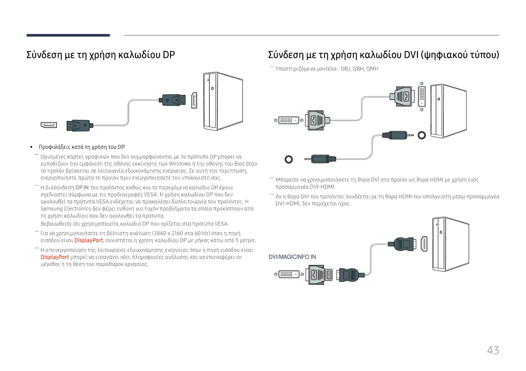 Samsung LH55QMHPLGC/EN, LH65QBHPLGC/EN Σύνδεση με τη χρήση καλωδίου DP, Σύνδεση με τη χρήση καλωδίου DVI ψηφιακού τύπου 