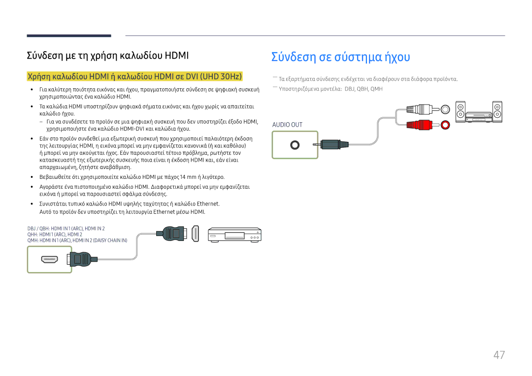 Samsung LH65QMHPLGC/EN, LH65QBHPLGC/EN manual Σύνδεση σε σύστημα ήχου, Χρήση καλωδίου Hdmi ή καλωδίου Hdmi σε DVI UHD 30Hz 