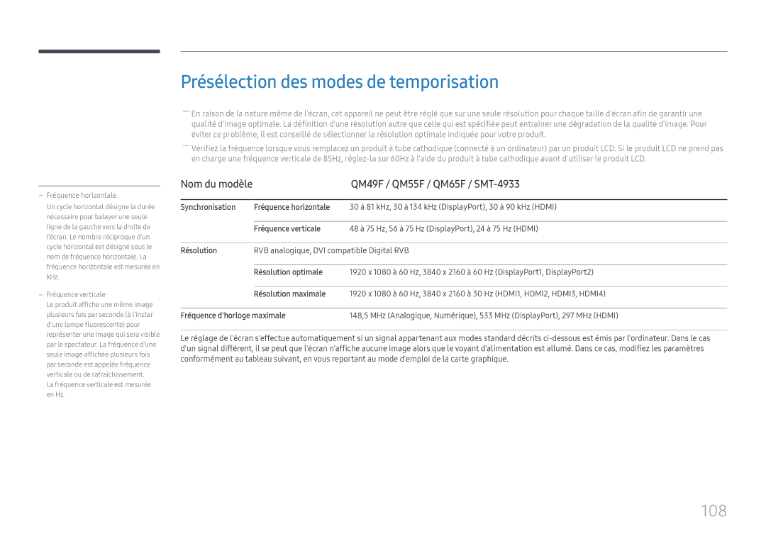 Samsung LH65QMFPLGC/EN, LH55QMFPLGC/EN manual Présélection des modes de temporisation, 108, QM49F / QM55F / QM65F / SMT-4933 