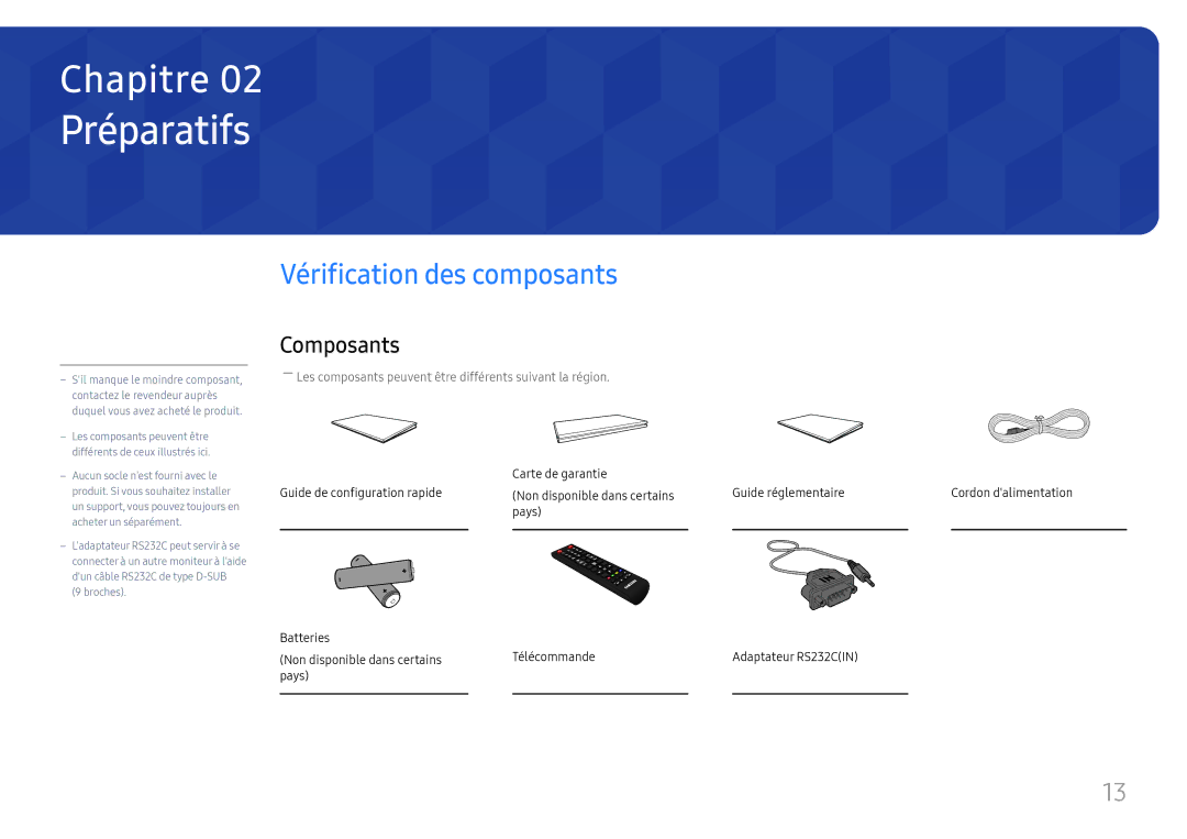 Samsung LH55QMFPLGC/EN, LH65QMFPLGC/EN, LH49QMFPLGC/EN manual Préparatifs, Vérification des composants, Composants 