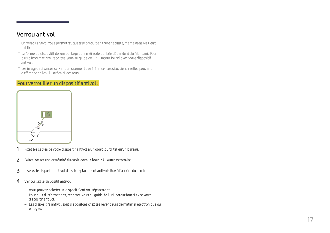 Samsung LH49QMFPLGC/EN, LH65QMFPLGC/EN, LH55QMFPLGC/EN manual Verrou antivol, Pour verrouiller un dispositif antivol 