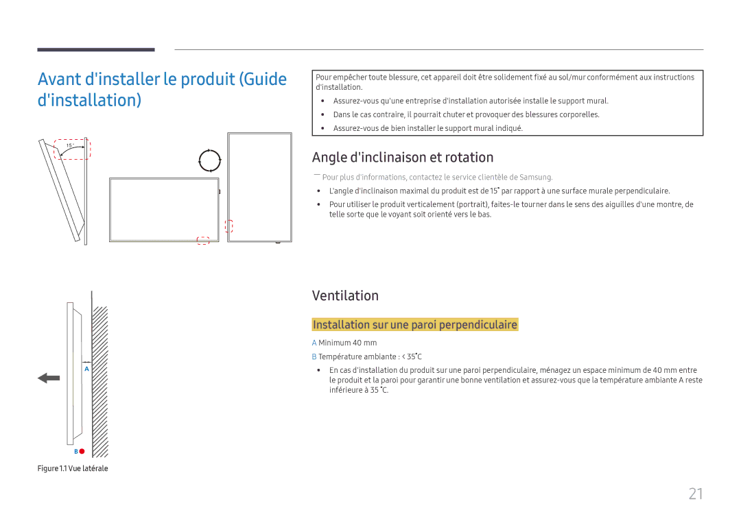 Samsung LH65QMFPLGC/EN manual Avant dinstaller le produit Guide dinstallation, Angle dinclinaison et rotation, Ventilation 