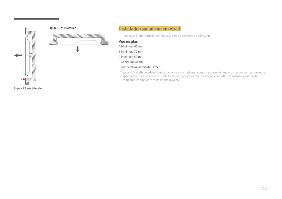 Samsung LH55QMFPLGC/EN, LH65QMFPLGC/EN, LH49QMFPLGC/EN manual Installation sur un mur en retrait, Vue en plan 