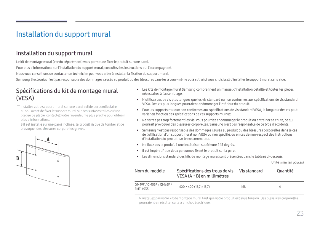 Samsung LH49QMFPLGC/EN manual Installation du support mural, Spécifications du kit de montage mural Vesa, Nom du modèle 