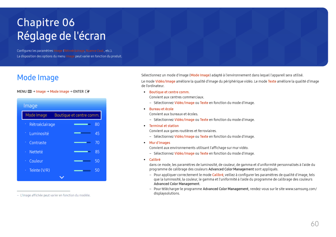 Samsung LH65QMFPLGC/EN, LH55QMFPLGC/EN, LH49QMFPLGC/EN manual Réglage de lécran, Menu m → Image → Mode Image → Enter E 