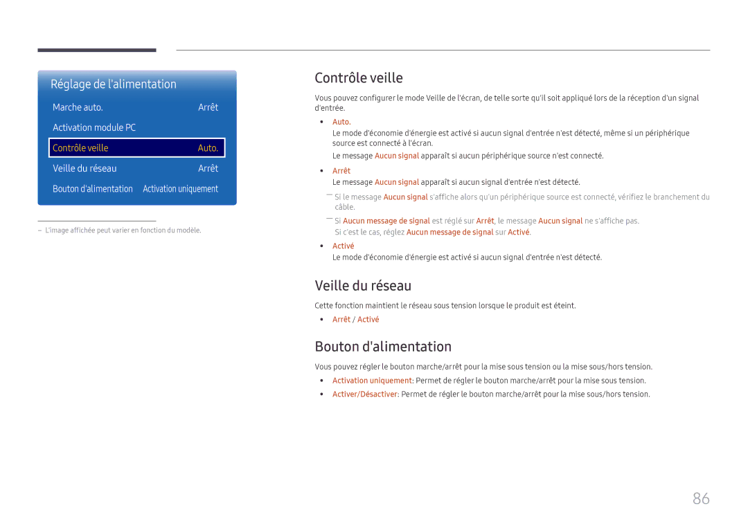 Samsung LH49QMFPLGC/EN manual Contrôle veille, Bouton dalimentation, Marche auto Arrêt, Veille du réseau Arrêt 